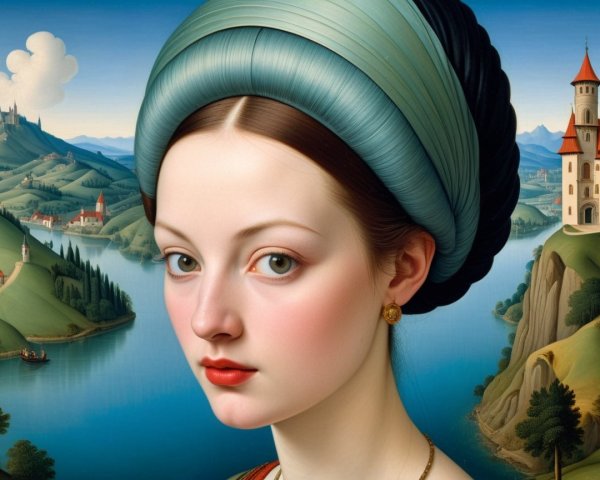 Serene Young Woman in Scenic Landscape with Castle