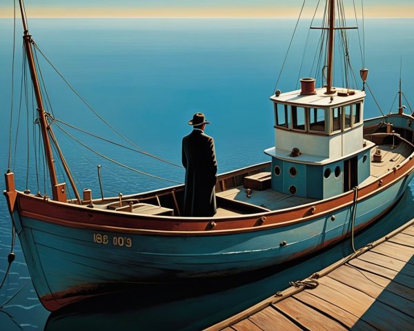 Lone Figure on Vintage Tugboat at Calm Waters