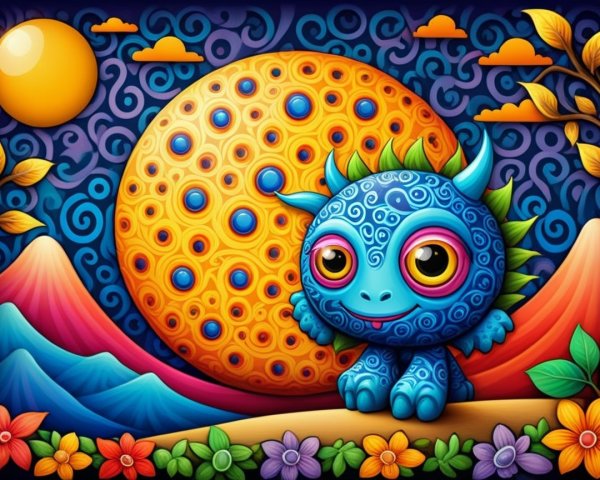 Whimsical Cartoon Creature Against Bold Sun Background