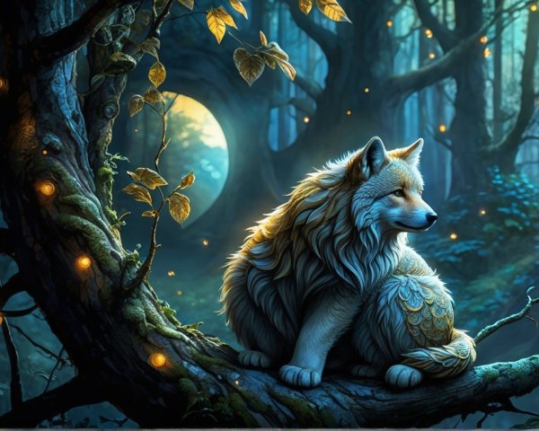 Golden-Coated Wolf in Mystical Forest Setting