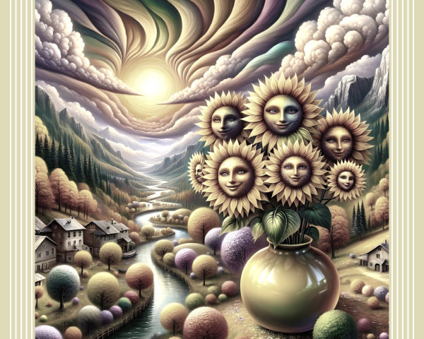 Surreal Landscape with Vibrant Sunset and Whimsical Flowers