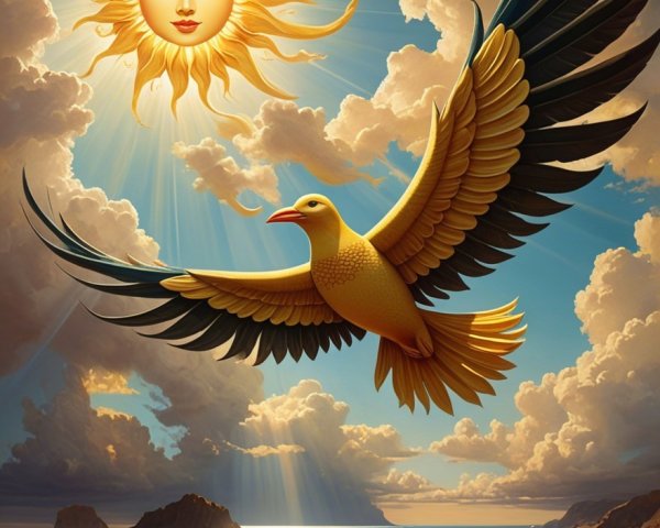 Radiant Sun and Golden Bird Over Tranquil Ocean Scene