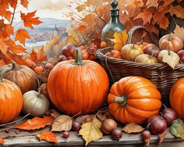 Autumn Scene with Colorful Pumpkins and Leaves
