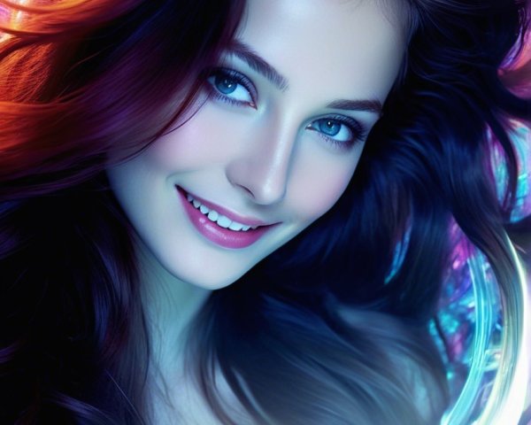 Close-up of a young woman with vibrant lights background