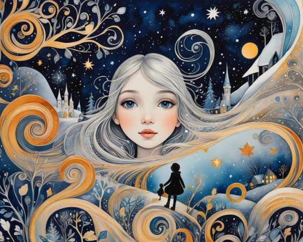 Watercolor Painting of a Young Girl in Winter Landscape