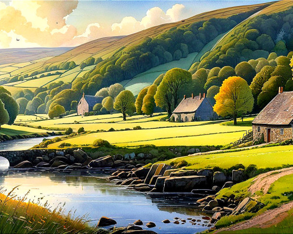 Serene Countryside Landscape with Rolling Hills and Cottages