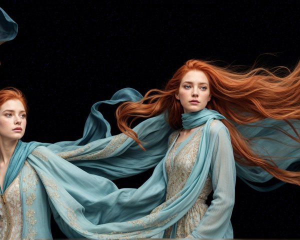 Two Women with Red Hair in Elegant Blue Garments