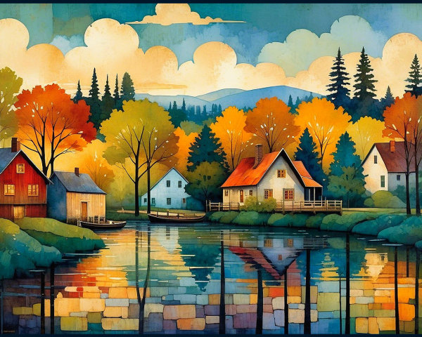 Serene Landscape of Cottages by a Tranquil Lake