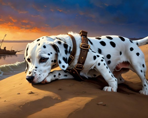 Dalmatian Dog on Beach at Sunset with Ocean Waves