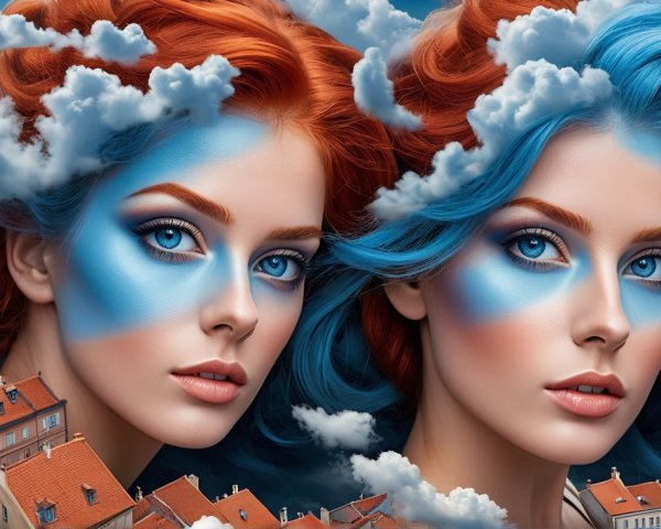 Colorful Hair and Dramatic Makeup Against Cloudy Background