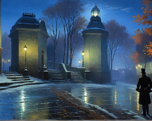 Serene Winter Evening on a Cobblestone Street