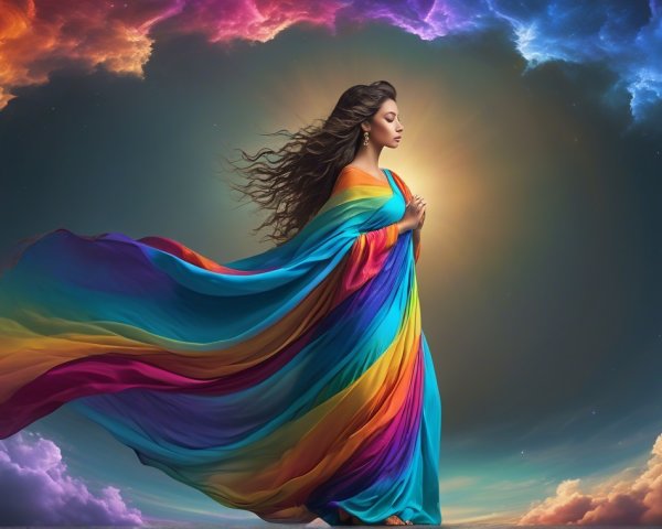 Graceful figure in vibrant robe against swirling clouds