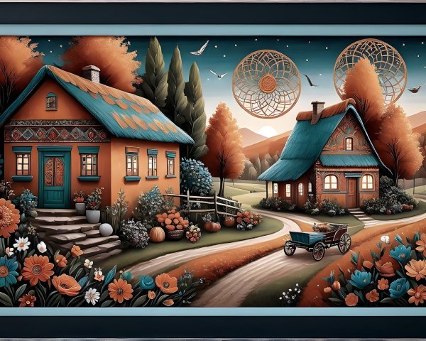 Charming Houses in Vibrant Autumn Landscape Scene