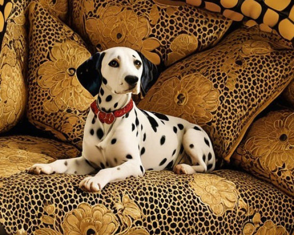 Dalmatian Dog on Ornate Couch with Floral Cushions