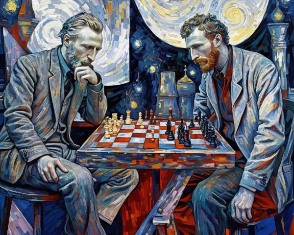 Historical Figures Playing Chess with Vibrant Backdrop