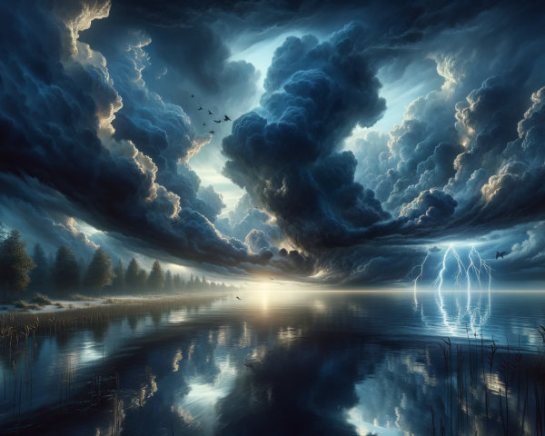 Storm Clouds Over Tranquil Lake with Lightning Display