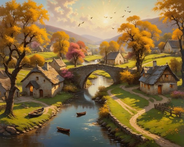 Tranquil Village Scene with River and Cottages