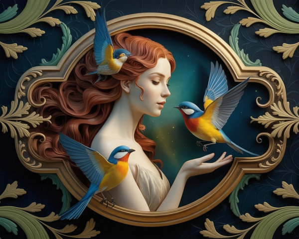Serene Woman with Red Hair and Vibrant Birds in Frame