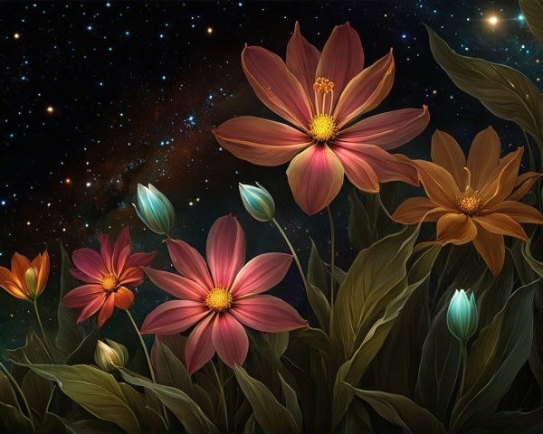 Vibrant Flowers Against a Starry Cosmic Backdrop
