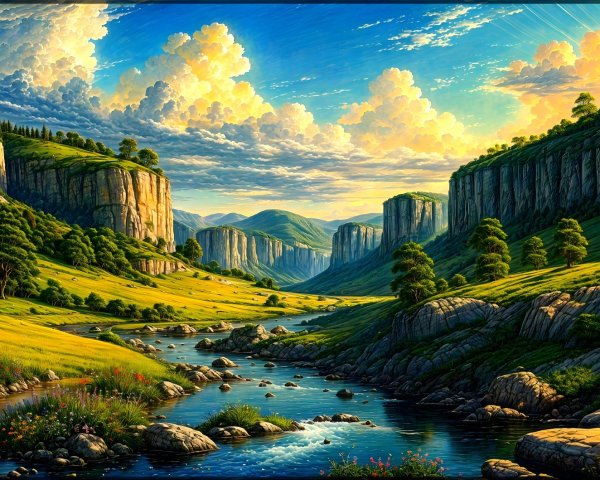 Vibrant Landscape with Green Hills and Winding River