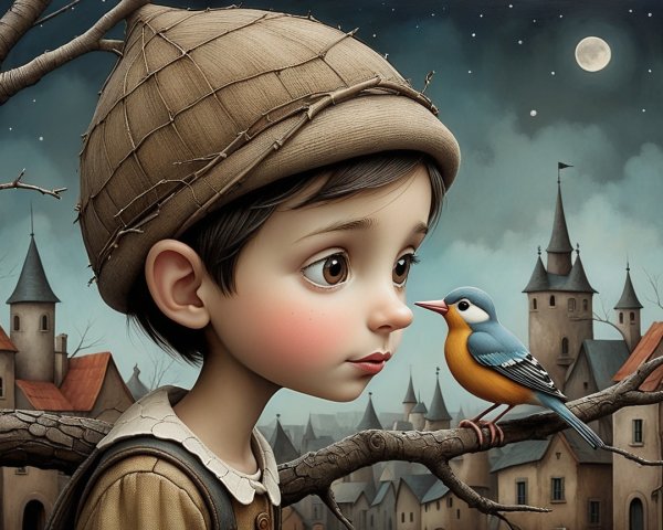 Moonlit Scene of a Boy and Colorful Bird