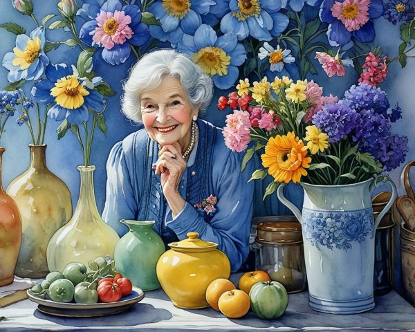 Elderly Woman Surrounded by Colorful Flowers and Pottery