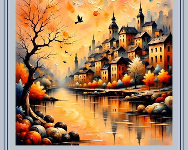 Autumn Village Scene by a Shimmering River