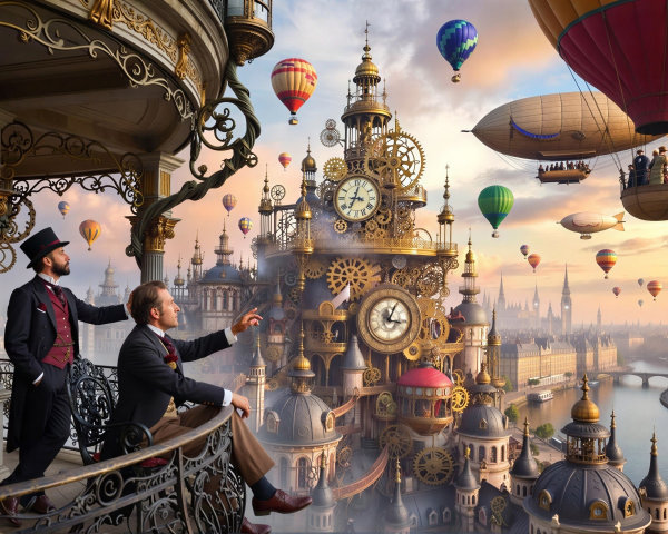 Steampunk Scene with Men, Clock Tower, and Cityscape