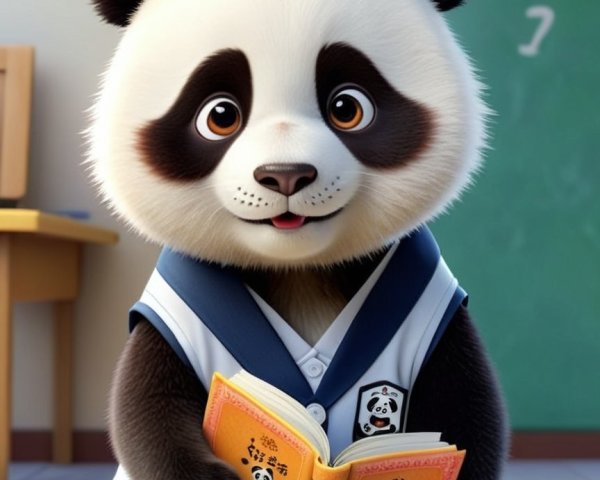 Cartoon Panda in School Uniform Reading in Classroom