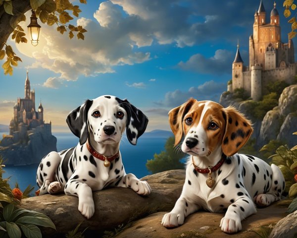 Puppies on a Ledge with Castle and Sea View