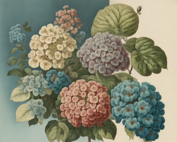 Botanical Print of Hydrangea Flowers in Various Colors