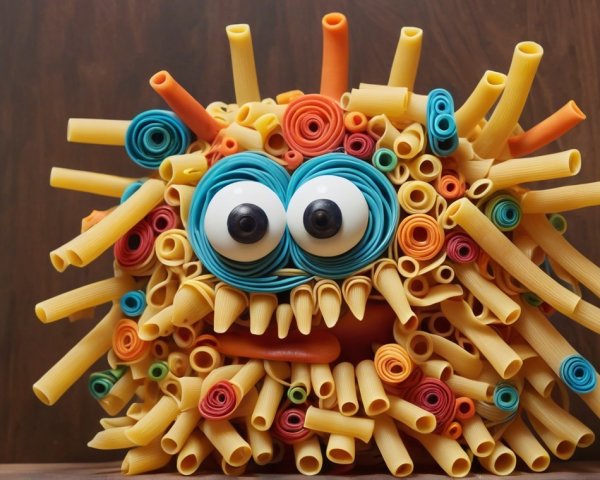 Colorful Pasta Creature Sculpture on Wooden Surface