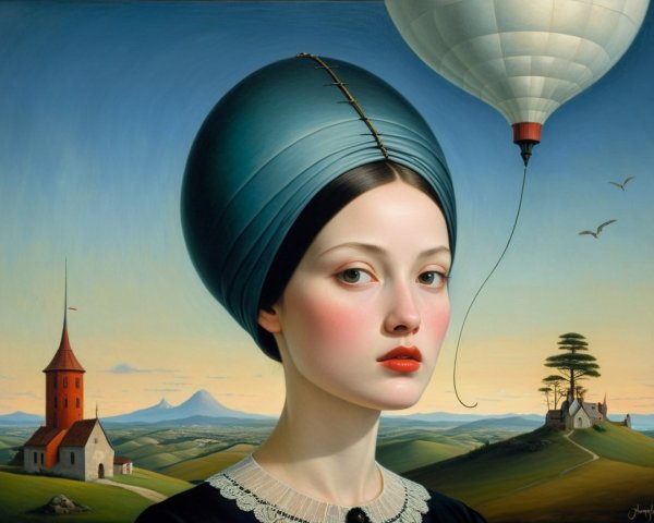 Surreal Landscape with Woman and Whimsical Balloon