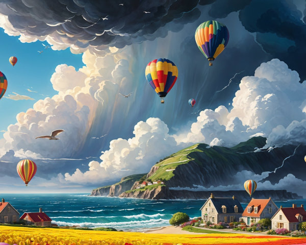 Aerial View of Seaside Village with Hot Air Balloons