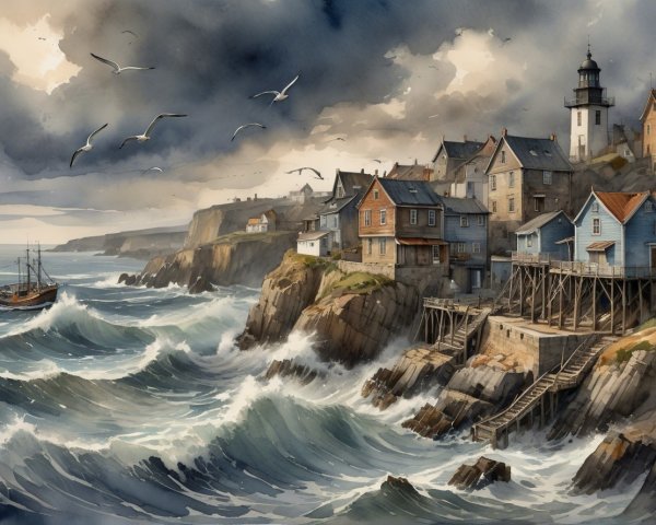 Watercolor Painting of Village by Stormy Sea and Lighthouse