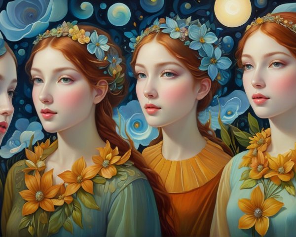 Ethereal Women with Floral Crowns in Dreamy Night Sky