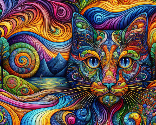 Vibrant Cat Artwork with Scenic Landscape Background