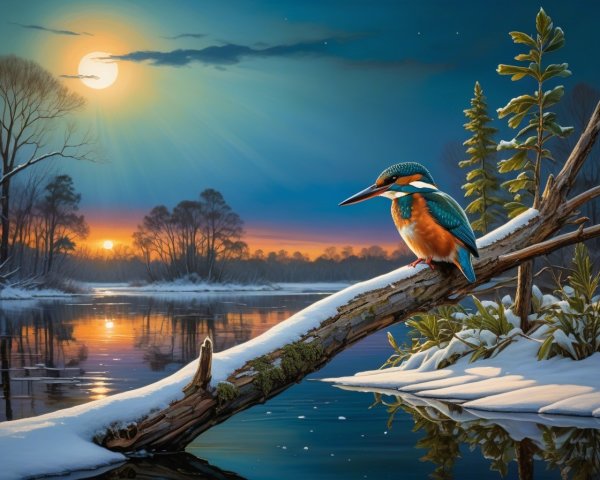 Kingfisher on Snowy Branch by Tranquil River Scene
