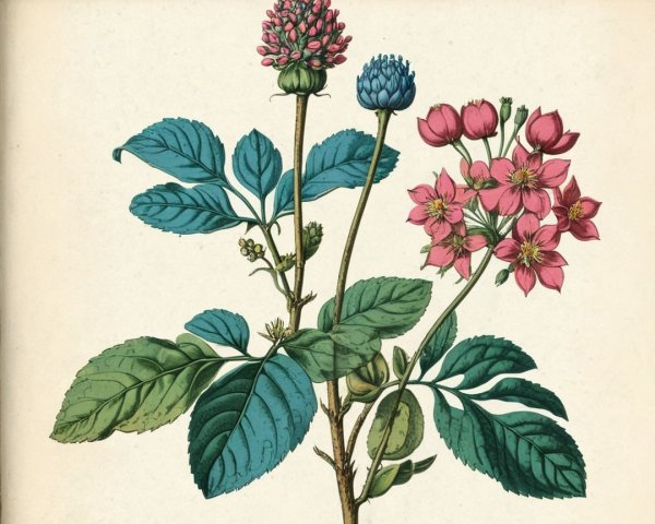 Botanical Illustration of Flowering Plant with Pink Blossoms
