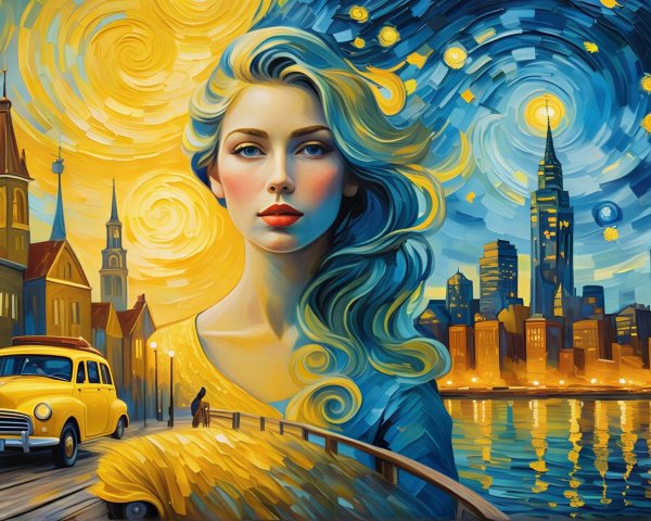 Vibrant Day and Night Landscape with Serene Woman
