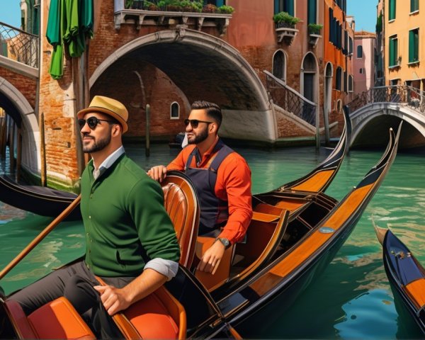 Stylish Men in Gondola on Venetian Canal