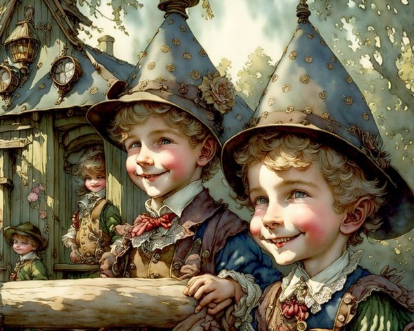 Whimsical Scene of Boys in Colorful Vintage Clothing