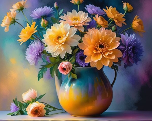 Vibrant Floral Bouquet in Glazed Pitcher with Colors
