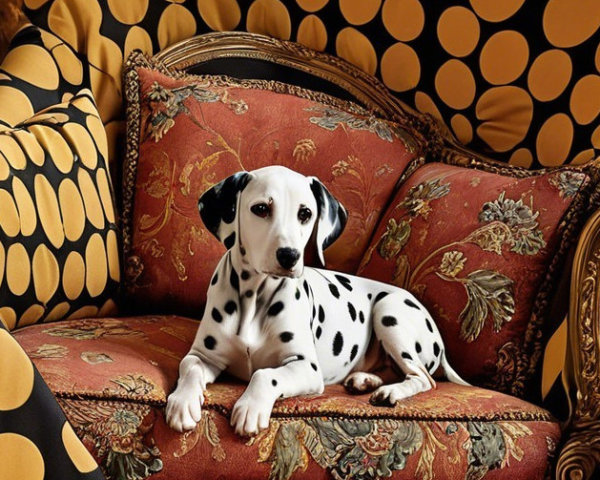 Dalmatian Dog on Ornate Couch with Colorful Pillows