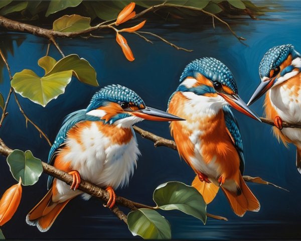 Vibrant Kingfishers on Branches with Flowers and Leaves