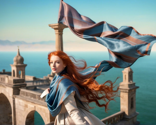 Young Woman on Terrace Overlooking Ocean and Architecture