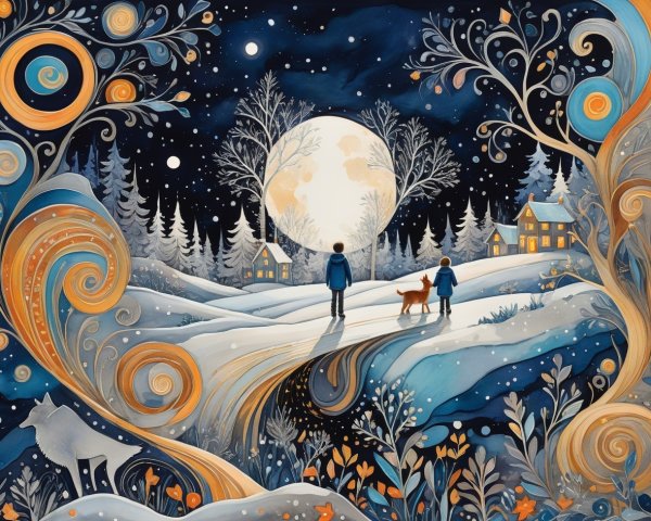 Whimsical Winter Night Watercolor with Children and Deer