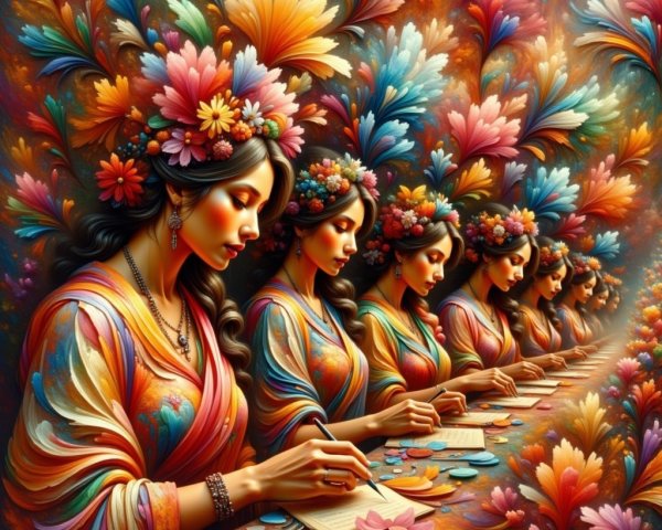 Women in Ornate Garments Creating Amidst Flowers