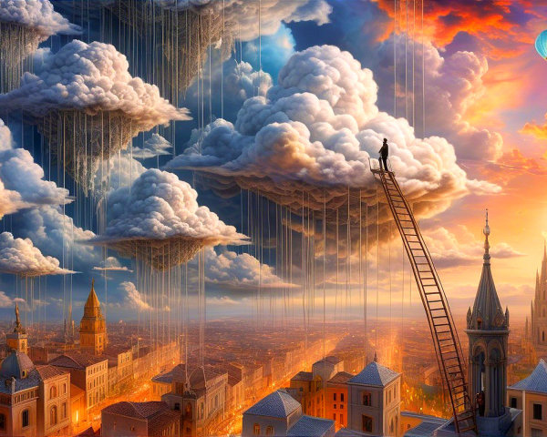 Surreal Landscape with Ladder and Colorful Sky