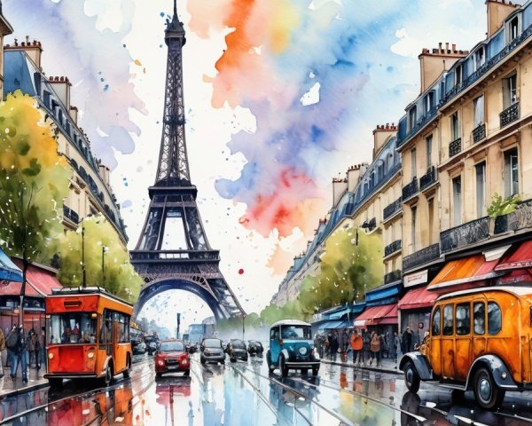 Vibrant Watercolor Scene of Paris with Eiffel Tower